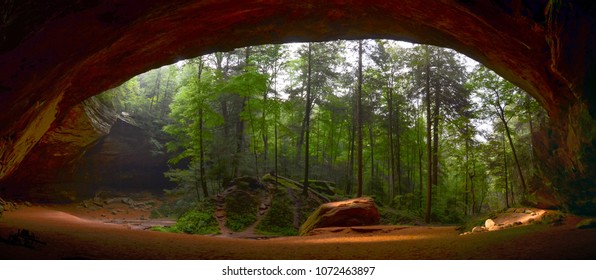 Beautiful panorama of Ash cave with rocks, sand and forest at Hocking Hills Park, USA, Ohio.