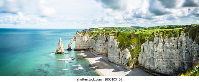 Beautiful Panorama in France Normandy at Alabaster Coast.View over the Field at the beach of Etretat  - Shutterstock ID 1803103456