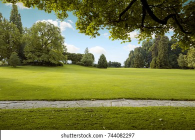 Beautiful Panorama Of Green City Park At Dawn