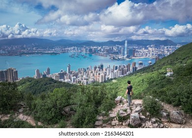 beautiful panorama of Hiker in High West, the mountain in Hong Kong Island, daytime, clear day