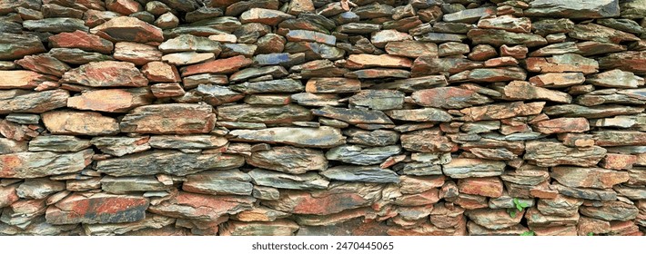 Beautiful panorama long Slate stone wall,  Stone wall in nature light texture background - Powered by Shutterstock