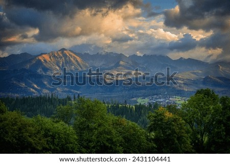 Beautiful panorama of the Tatra Mountains at sunset, Gliczarow Gorny. Poland