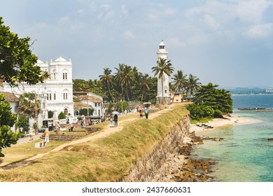 Beautiful panorama view of the famous white lighthouse in Fort Galle, Sri Lanka