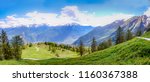 beautiful panorama -view from a very high Mountain Road in Switzerland near Ovronnaz. The lush green meadows, wild flowers, alpine trees, narrow Mountain Roads & Swiss Alps form an awesome combination