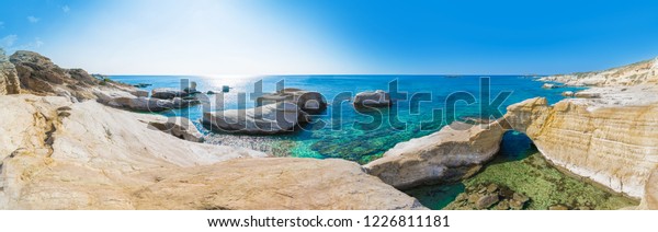 Beautiful panorama of Wild beach in Cyprus,\
Paphos, close to end of Peya village, the area is hidden and never\
too crowded, foreigners make weddings here and event photo shoots\
during summer