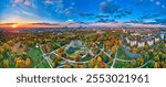 A beautiful panoramic aerial drone view of the sunset at Pola Mokotowskie in Warsaw, Poland - "Mokotow Field" is a large park in Warsaw - Is called "Jozef Pilsudski Park" or "Warsaw Central Park", EU