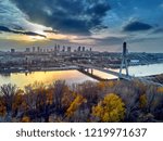 Beautiful panoramic aerial dsron view to Swietokrzyski Bridge (Polish: most Swietokrzyski, English: Holy Cross Bridge) - is a bridge over the Vistula river in Warsaw, Poland, from dron DJI Mavic Air