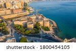 Beautiful panoramic aerial view photo from flying drone on Old medieval Aragonese Castle on sea channel, old town of Taranto city, Puglia (Apulia), Italy (Series)