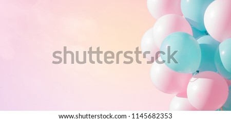 Beautiful panoramic background with pink and blue balloons. Group of pastel party balloons on soft background. Concept of happiness, joy, birthday. Wide Angle Holiday Web Banner With Copy Space
