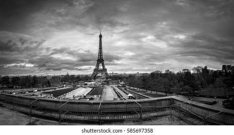 Beautiful Panoramic Cityscape. Dramatic Cloudscape. View Of The Eiffel Tower From The Trocadero. B&W Photography. France. Paris.