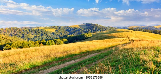 The beautiful panoramic landscape of the Carpathians in the daytime and the road winding along the ridge of the hill, against the background of a light sky and the aroma of wild herbs and flowers.