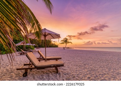 Beautiful panoramic nature. Tropical beach  panorama Exotic sunset summer island landscape love couple chairs umbrella palm leaves shore, coast. Romantic travel destination banner for vacation holiday - Shutterstock ID 2226179325