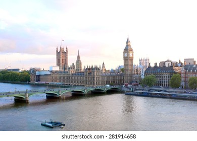 Beautiful Panoramic Scenic View On London's Southern Part From Window Of London Eye Tourist Attraction Wheel Cabin: Cityscape, Westminster Abbey, Big Ben, Houses Of Parliament And Thames River