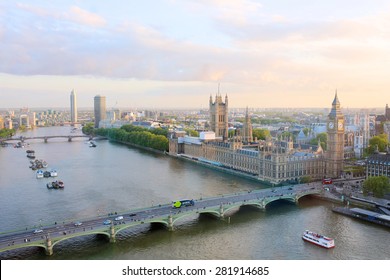 Beautiful Panoramic Scenic View On London's Southern Part From Window Of London Eye Tourist Attraction Wheel Cabin: Cityscape, Westminster Abbey, Big Ben, Houses Of Parliament And Thames River