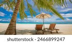 Beautiful panoramic sea sand sky. Tropical relax beach sunny summer island landscape. Love couple chairs umbrella palm leaves romantic coast. Luxury travel destination. Honeymoon vacation best tourism