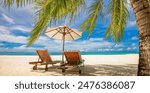 Beautiful panoramic sea sand sky. Tropical relax beach sunny summer island landscape. Love couple chairs umbrella palm leaves romantic coast. Luxury travel destination. Honeymoon vacation best holiday