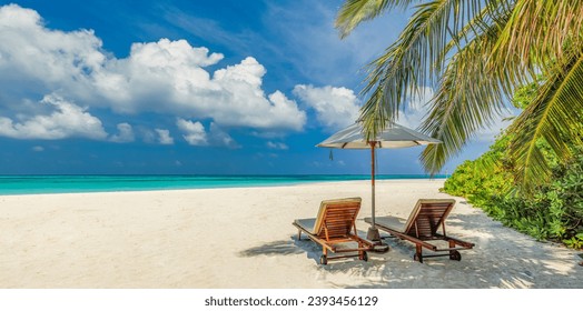 Beautiful panoramic sea sand sky. Tropical relax beach sunny summer island landscape. Love couple chairs umbrella palm leaves romantic coast. Luxury travel destination. Honeymoon vacation best holiday - Powered by Shutterstock