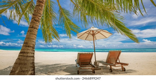 Beautiful panoramic sea sand sky. Tropical relax beach sunny summer island landscape. Love couple chairs umbrella palm leaves romantic coast. Luxury travel destination. Honeymoon vacation best tourism