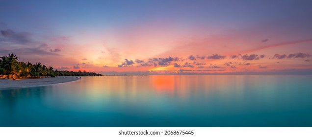 Beautiful panoramic sunset tropical paradise beach. Tranquil summer vacation or holiday landscape. Tropical sunset beach seaside palm calm sea panorama exotic nature view inspirational seascape scenic - Shutterstock ID 2068675445