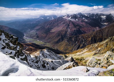 Beautiful panoramic view from about 3500 meter of Tetnuldi glacier near Mestia,  Svaneti region, Georgia, Europe. Picturesque and gorgeous scene of  high Caucasus ridge. 