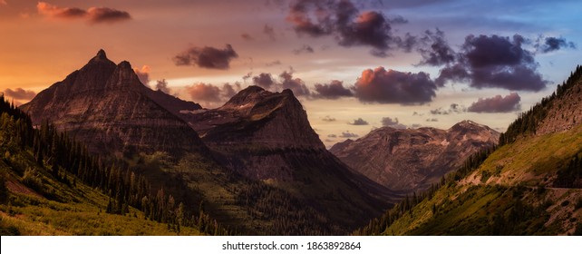 Beautiful Panoramic View of American Rockies from a viewpoint. Dramatic Sunset Sky Art Render. Taken in Glacier National Park, Montana, United States of America.