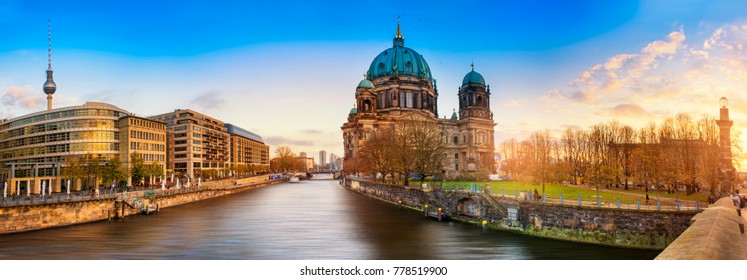 Beautiful panoramic view of Berlin Dome during sunset against  blue sky