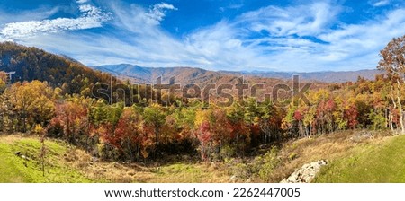 A beautiful panoramic view of the Blue Ridge Parkway in Boone, NC during the autumn fall color changing season at sunset. Stok fotoğraf © 
