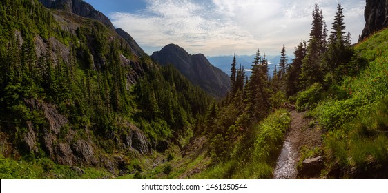 Beautiful Panoramic View Of Canadian Mountain Landscape During A Vibrant Summer Day. Taken At Mt Arrowsmith, Near Nanaimo, Vancouver Island, BC, Canada.