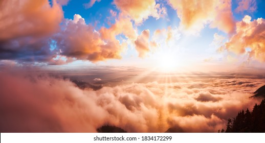 Beautiful Panoramic View of Canadian Mountain Landscape covered in clouds during a vibrant summer sunset. Dramatic Sky Artistic Render. St Mark's Summit, West Vancouver, British Columbia, Canada. - Shutterstock ID 1834172299