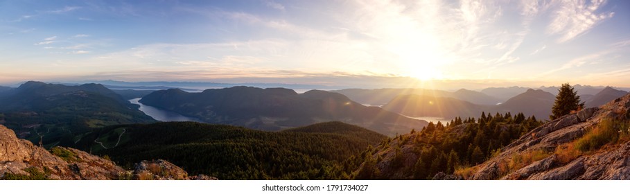 Beautiful Panoramic View of Canadian Nature Landscape from the top of Tin Hat Mountain during a sunny summer sunset. Taken near Powell River, Sunshine Coast, British Columbia, Canada. - Shutterstock ID 1791734027