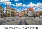 Beautiful panoramic view of historic Bremen Market Square in the center of the Hanseatic City of Bremen with The Schuetting and famous Raths buildings on a sunny day with blue sky in summer, Germany