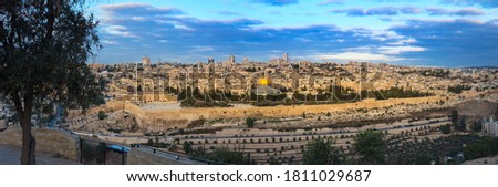 Beautiful panoramic view of Jerusalem's Old City from Mount of Olives: Temple Mount with Dome of the Rock, Al Aqsa mosque and Golden/Mercy Gate, the Kidron Valley and the southern and eastern wall  Stock photo © 