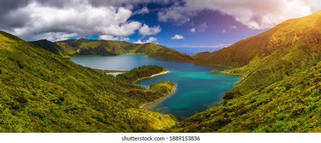 Beautiful Panoramic View Of Lagoa Do Fogo Lake In Sao Miguel Island, Azores, Portugal. 