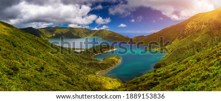 Beautiful panoramic view of Lagoa do Fogo lake in Sao Miguel Island, Azores, Portugal. 