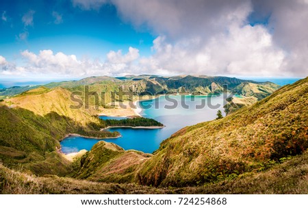 Beautiful panoramic view of Lagoa do Fogo lake in Sao Miguel Island, Azores, Portugal