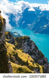 Beautiful panoramic view of the Vierwaödstättersee (Lake lucerne) from Fronalpstock near the village of Stoos 