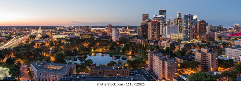 Beautiful panoramic view of Minneapolis during a summer sunset.