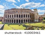 Beautiful panoramic view on the ancient Theatre of Marcellus( Teatro di Marcello ) at sunny day. Famous Roman landmark. Scenic architectural and natural landscape Rome.Italy.Europe.