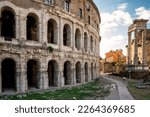 Beautiful panoramic view on the ruins of ancient open-air Theatre of Marcellus (Teatro di Marcello) in sunny day, Rome, Italy