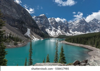 Beautiful Panoramic View Over Moraine Lake In Jasper National Park, Summer Canadian Rockies, Canada. Sunny Day With Amazing Blue Sky. Majestic Mountains In The Background. Clear Turquoise Blue Water. 