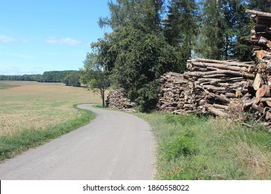 Beautiful Panoramic View Over A Small French Country Road With Extensive Fields And Packed Trees To The Side On A Summer Day.