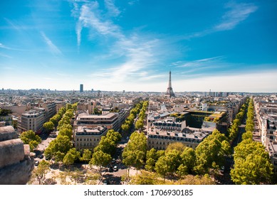 Beautiful Panoramic View of Paris with Eiffel Tower from the Roof of Triumphal Arch. France.