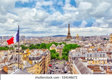 Beautiful panoramic view of Paris from the roof of the Pantheon. View of the Eiffel Tower and flag of France. - Shutterstock ID 534148672