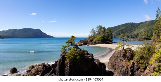 Beautiful panoramic view of sandy beach on Pacific Ocean Coast. Taken in San Josef Bay, Cape Scott Provincial Park, Northern Vancouver Island, BC, Canada.