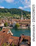 Beautiful panoramic view of Stein Am Rhein town on Rhine River in beauty Swiss canton of Schaffhausen, Sensational landscape and clear blue sky in warm sunny summer day. 