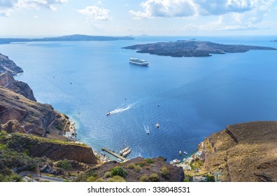 Beautiful panoramic view from touristic Fira town to caldera and volcano at summer sunny day. Santorini(Thira) island.Seascape.Picturesque natural background.Cyclades.Greece.Europe. - Powered by Shutterstock