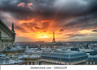 Beautiful Paris City Scene At Sunset.