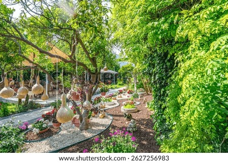 Beautiful park and garden decoration with dried water pumpkins 