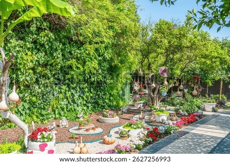 Beautiful park and garden decoration with dried water pumpkins 