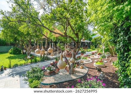 Beautiful park and garden decoration with dried water pumpkins 